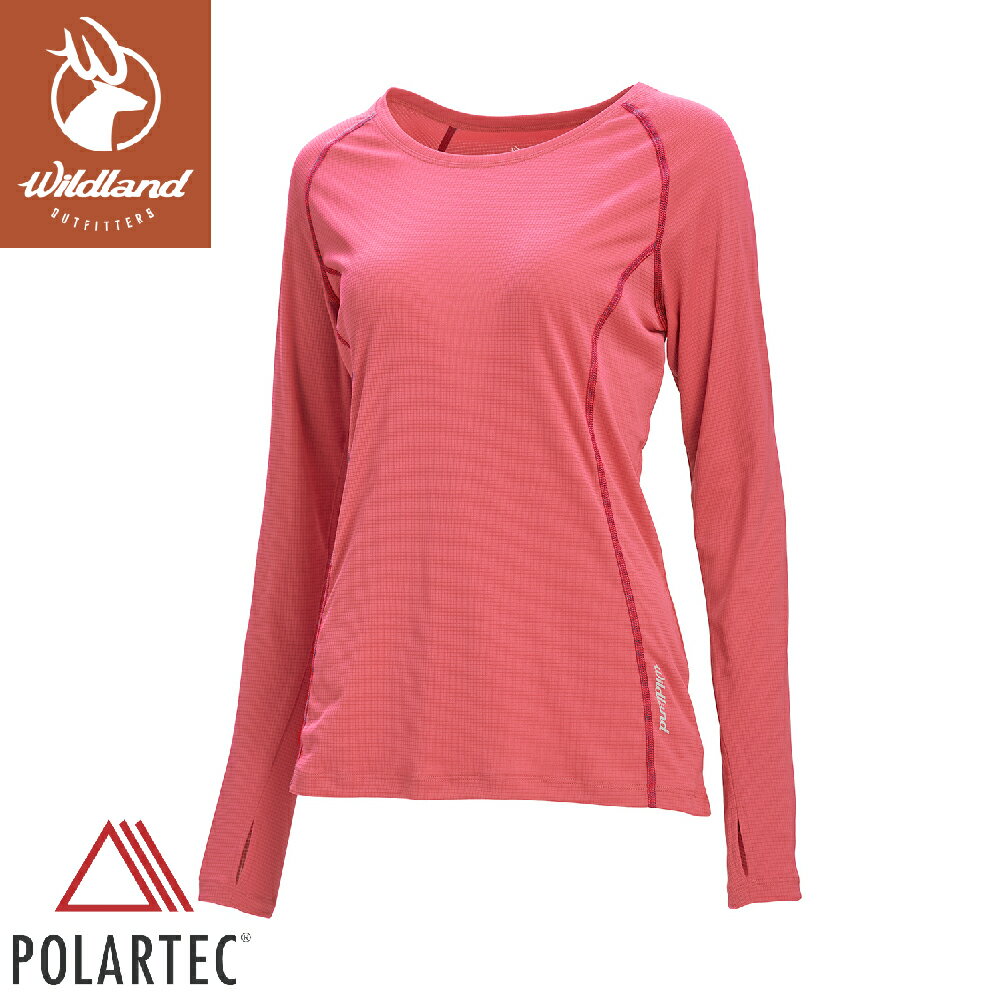 【Wildland 荒野 女 Polartec pd格狀抗臭圓領長袖衣《野玫瑰粉》】P1621/排汗衣/戶外運動機能上衣/運動衫
