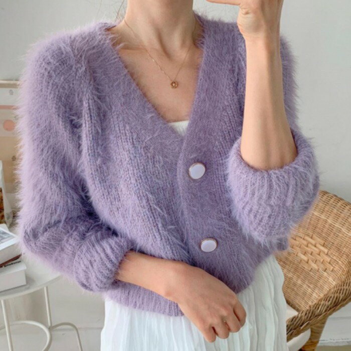 楓林宜居 紫色毛衣開衫女2022秋季新款短款水貂絨馬海毛針織衫外套上衣