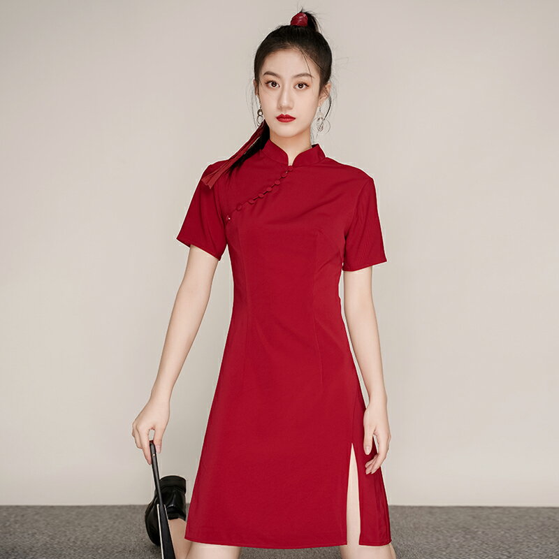 新款國潮旗袍新娘酒紅色平時可穿訂婚結婚禮服女回門便裝小個子