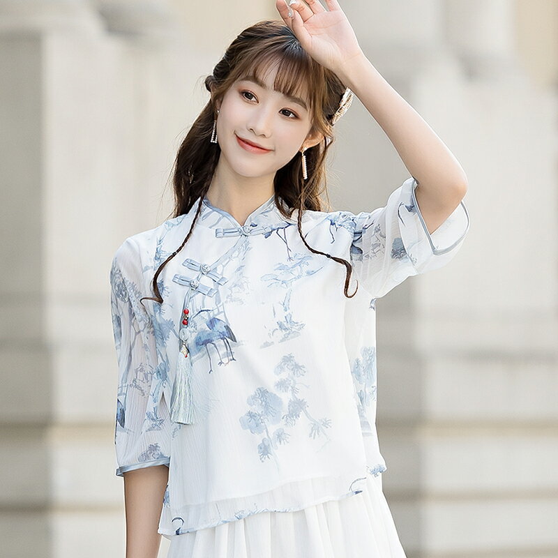 中國風女裝夏季新款民族風文藝復古改良水墨印花雪紡襯衫上衣
