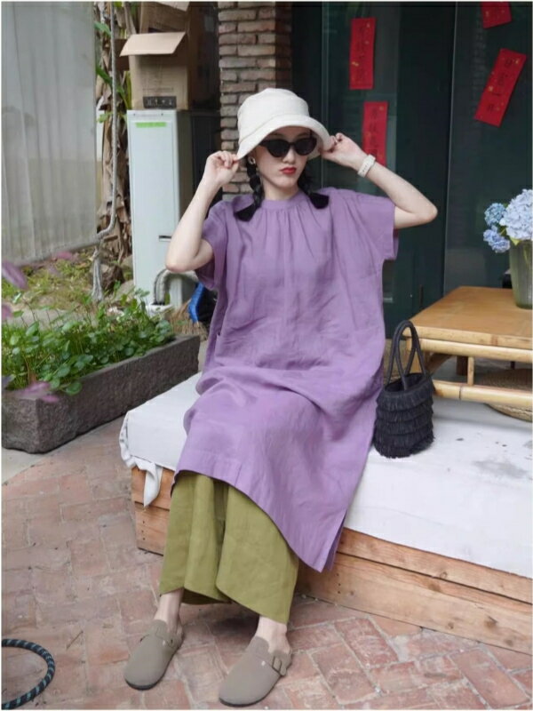 亞麻連身裙 棉麻洋裝 短袖薄款 寬鬆長袍 夏季穿搭 女性服飾 日常休閒