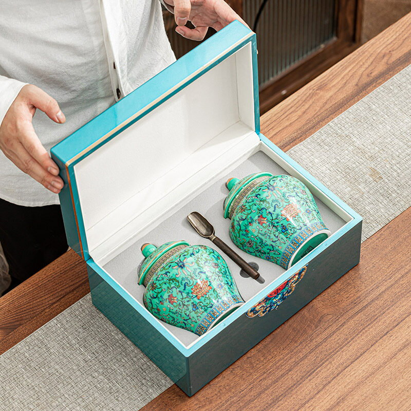 高檔陶瓷茶葉罐琺瑯彩綠茶龍井紅茶通用包裝盒半斤裝密封罐空盒