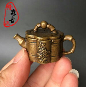 古玩雜項銅玩竹節把把壺擺件仿古銅微雕茶壺銅藝茶道銅寵包漿老銅