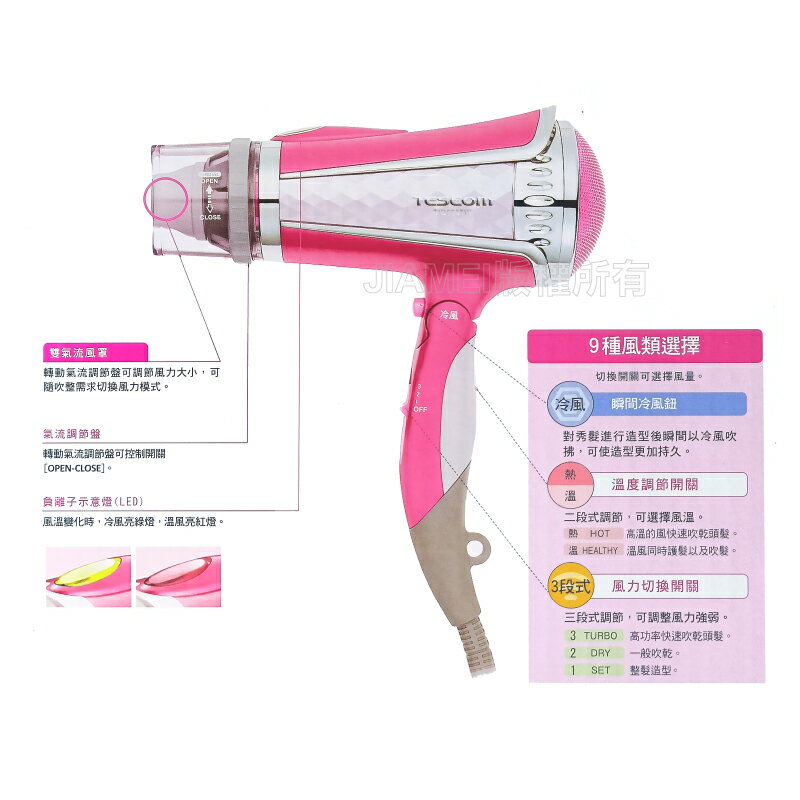【TESCOM】 亮麗粉鑽石負離子吹風機 TID960TW 3
