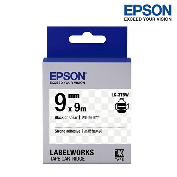 EPSON LK-3TBW 透明底黑字 標籤帶 高黏性系列 (寬度9mm) 標籤貼紙 S653411