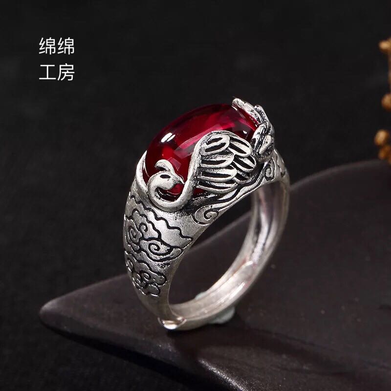 S990足銀祥雲鳳凰玉髓石榴紅剛玉開口純銀高檔女士戒指