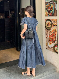 減齡牛仔連身裙女夏季香港休閒薄款寬松時尚復古氣質長裙