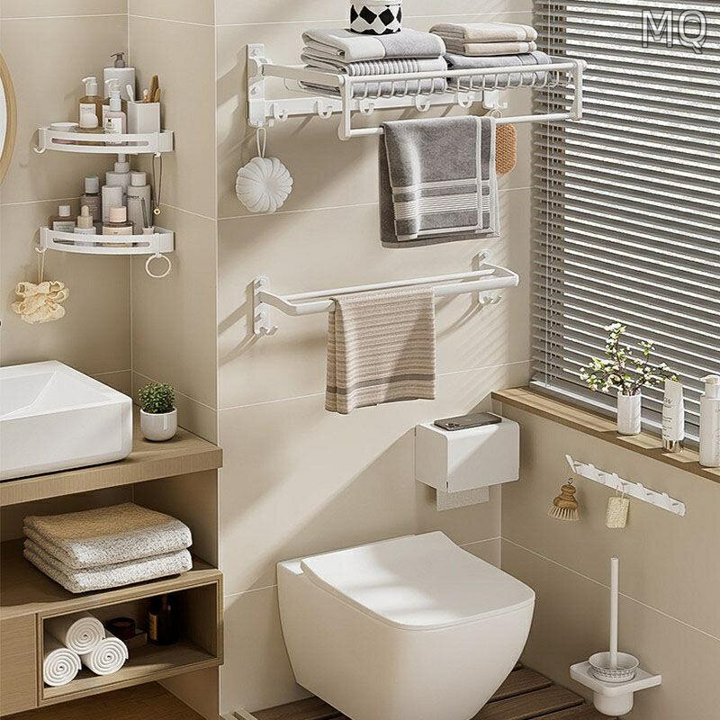 全新 浴室白色置物架 衛生間免打孔毛巾架 洗手間收納架子 加厚浴巾架套裝