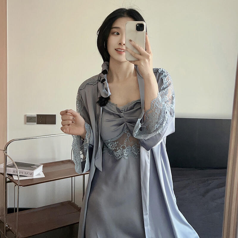 2025新品女性感風冰絲吊帶外袍兩件套裝薄款鏤空露腰蕾絲純欲睡袍