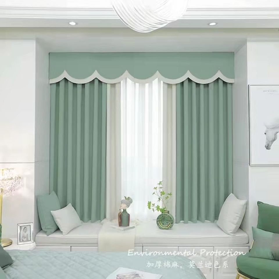 遮陽遮光布窗簾成品客廳臥室純色拼接簡約現代北歐輕奢飄窗落地窗