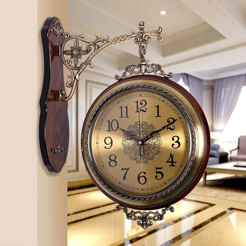 歐式實木金屬雙面掛鐘 歐式客廳兩面靜音掛表創意時鐘 復古大號鐘表