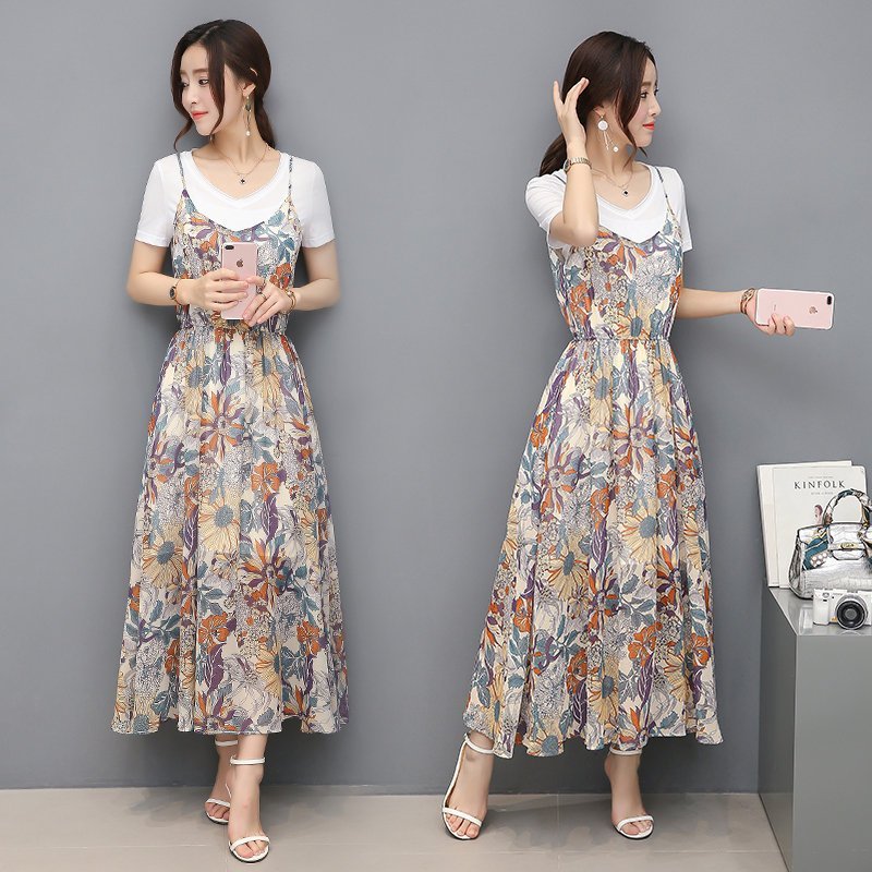 FINDSENSE G5 韓國時尚 套裝 顯瘦 長裙 雪紡 印花 吊帶 連身裙 兩件套 裙子