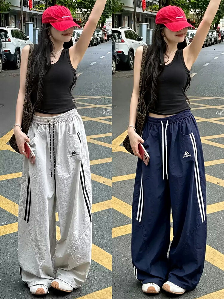 灰色速乾工裝褲女夏薄款酷颯拽姐痞帥風褲子小個子美式條紋運動褲