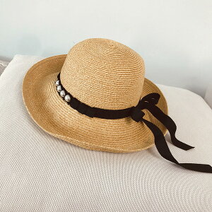 優雅簡約手縫珍珠蝴蝶結卷邊漁夫帽防曬沙灘帽可折疊草帽防紫外線1入