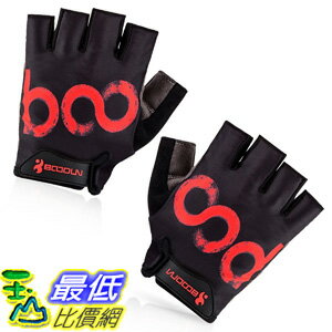 [106美國直購] 手套 BOODUN Cycling Gloves with Shock-absorbing Foam Pad Breathable Half Finger Black with Red Logo