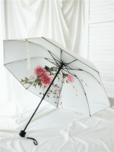 遮陽傘 夏天山花茶數碼印花三折不透光雙面雙層晴雨傘兩用女