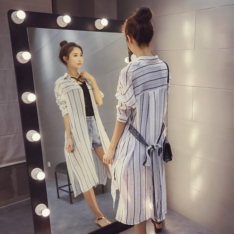 FINDSENSE G5 韓國時尚 寬鬆 條紋 長袖 上衣 長款 防曬衣 連身裙 襯衫