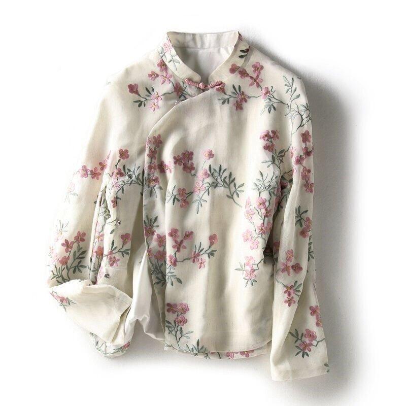 快速出貨 台灣現貨改良旗袍棉麻刺繡花長袖襯衫 韓 女正上衣【22569】
