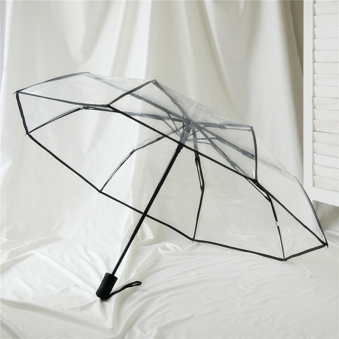沛欣雨傘 新款純色透明傘男女三折疊傘全波浪邊PVC潮傘自動雨傘