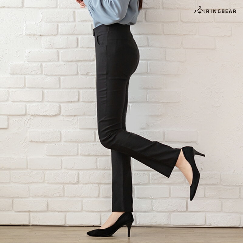 長褲--保暖禦寒激瘦版型修長美腿素面中腰內刷毛小喇叭西裝褲(黑.灰M-7L)-P20眼圈熊中大尺碼 美的三次方 2