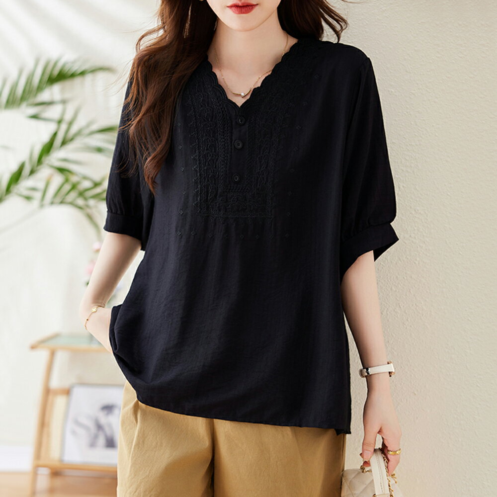＊ORead＊短袖刺繡T恤上衣(黑色M~5XL)【限定加碼✿全館滿額再折】