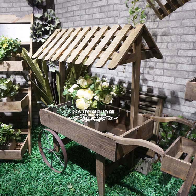 美式鄉村做舊原木花架花車 店鋪櫥窗裝飾花園庭院收納架置物架1入