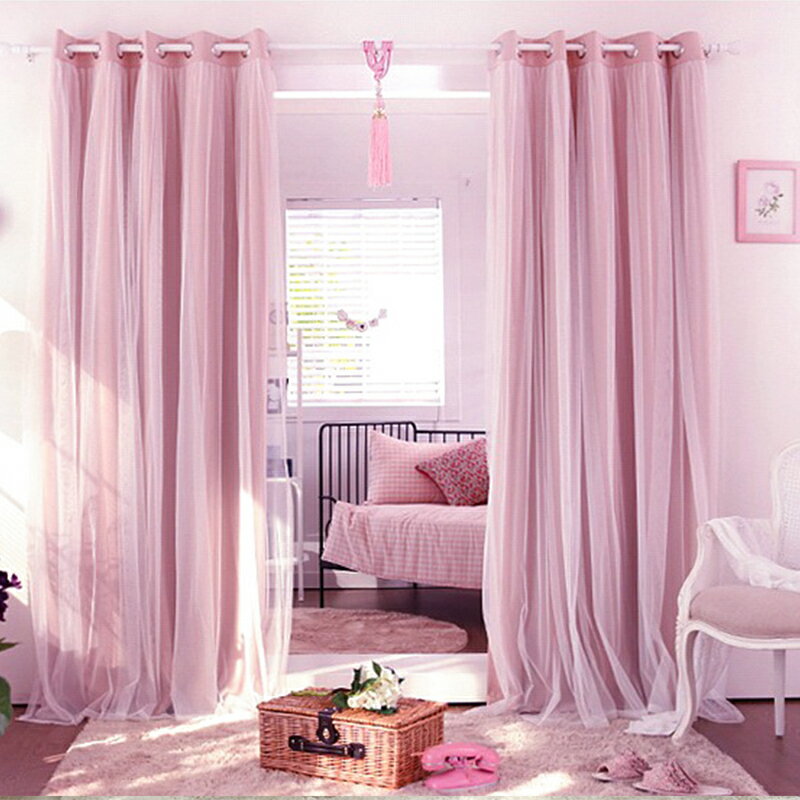 粉色窗簾臥室網紅款雙層布紗一體帶紗全遮光布公主風可愛少女夢幻