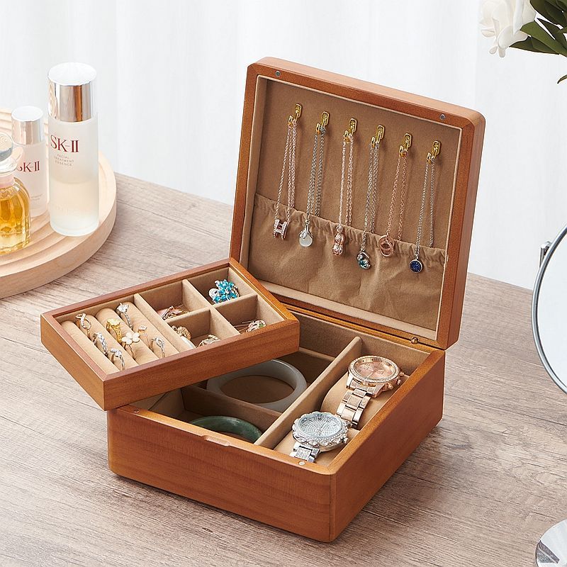實木質首飾盒 復古風手表珠寶手鏈高級飾品收納盒 雙層手飾品中國風