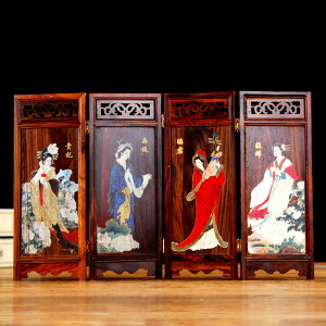 紅木仿古微型屏風裝飾擺件小屏風中國風工藝品紅酸枝彩繪送禮品