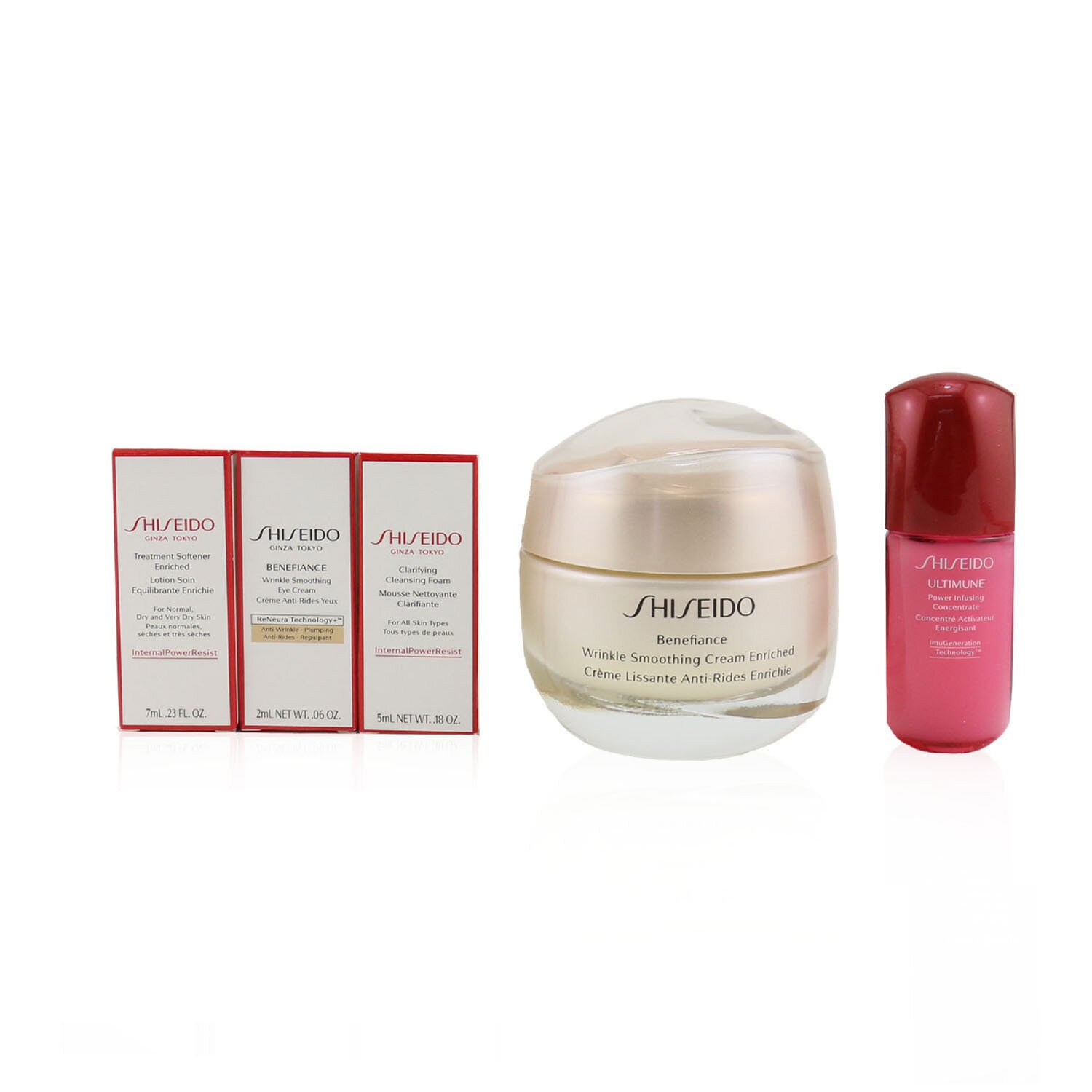 資生堂 Shiseido - 富含抗皺紋的去皺光滑霜套裝（針對乾性皮膚）：去皺光滑面霜50ml +潔面泡沫5ml +滋潤潔膚水7ml + Ultimune濃縮液10ml +去皺光滑眼霜2ml