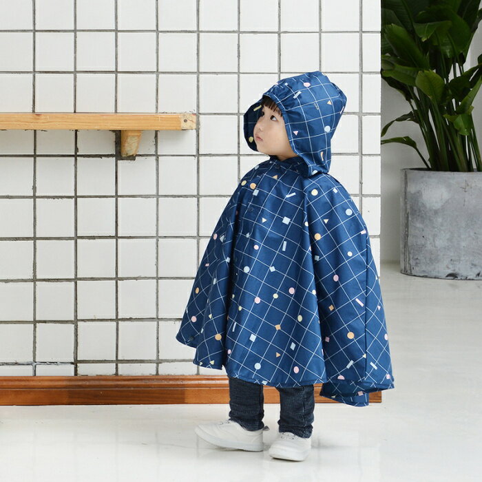 tiohoh 格子幾何系列蝙蝠衫兒童風雨衣(深藍色)-8608