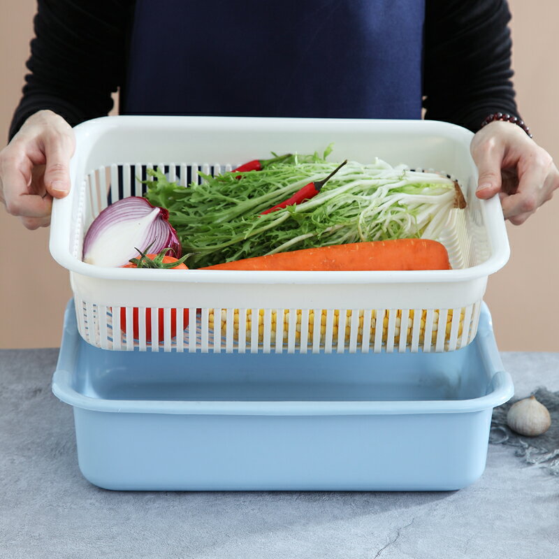 瀝水籃洗菜盆放碗碟塑料帶蓋多功能家用洗水果廚房長方形洗菜籃子