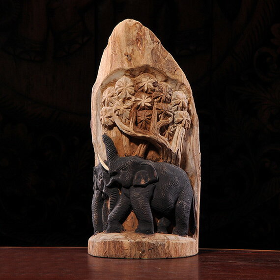 泰國木雕手工雙象擺件 東南亞風格雕花雙象桌面擺設 實木工藝品1入
