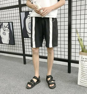 FINDSENSE品牌 男 潮 條紋拼接 鐵環裝飾 休閒短褲 運動短褲