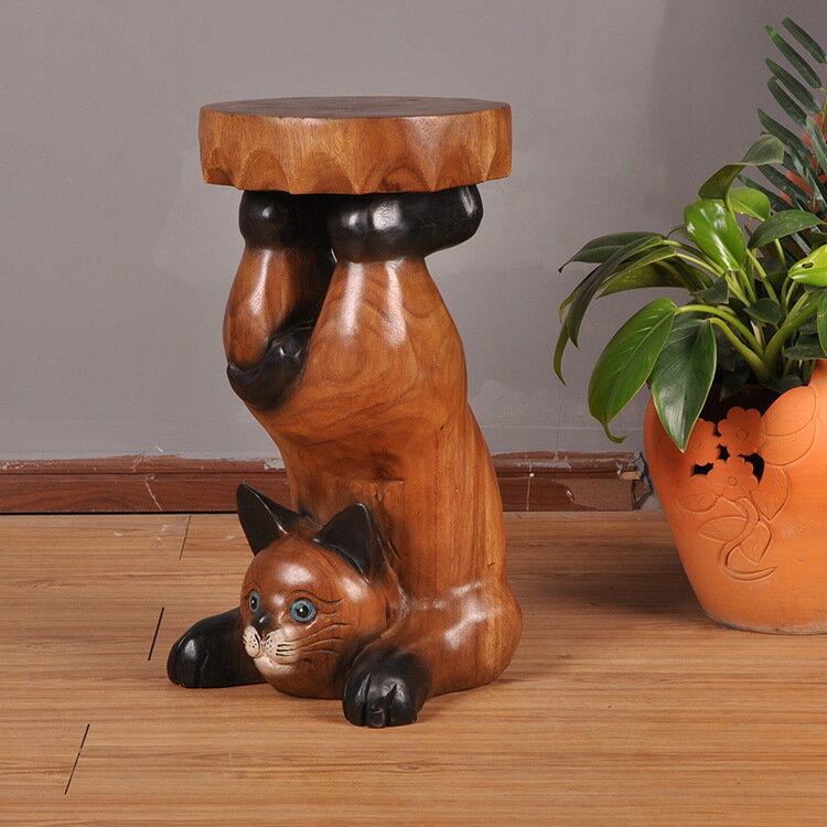 泰國特色實木雕刻小貓凳子 東南亞家居裝飾特色工藝品擺件1入
