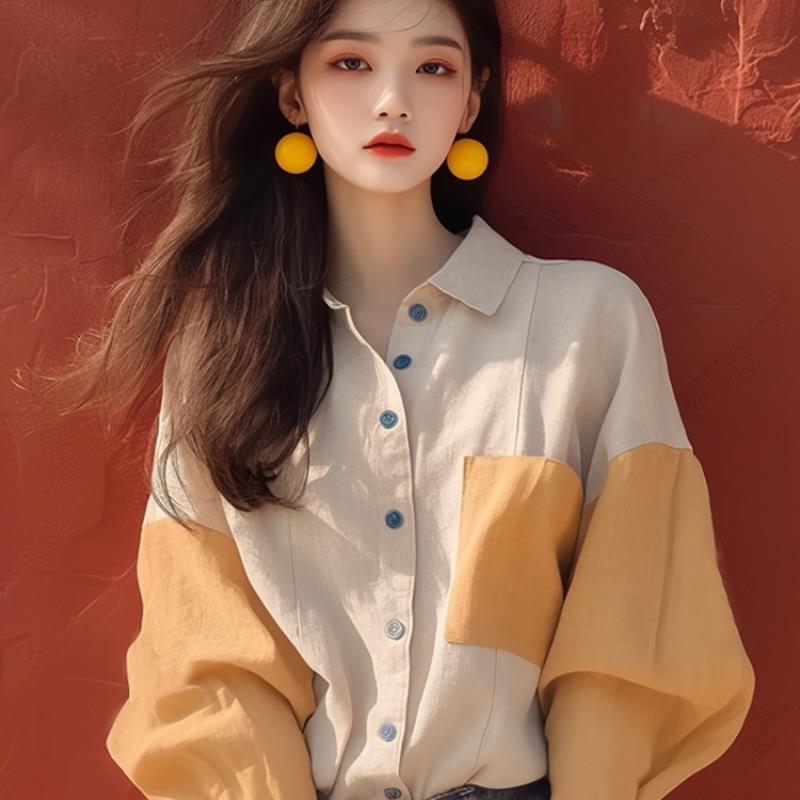 【48小時發貨】2024法式別致撞色襯衫女設計感別致洋氣溫柔風杏色拼接長袖上衣-享樂