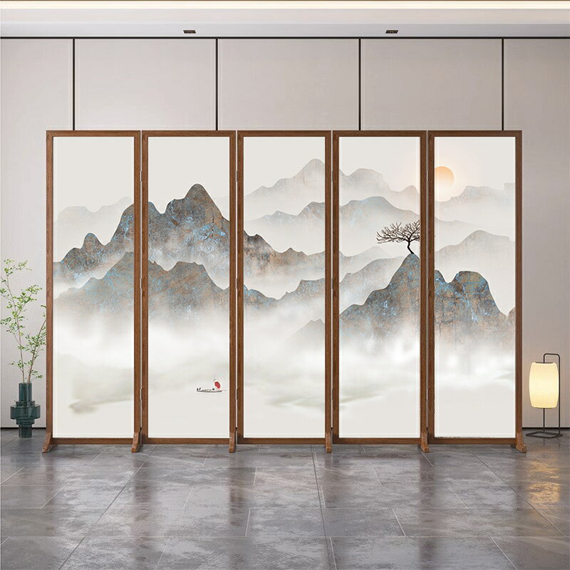 新中式山水屏風隔斷客廳現代簡約定製折疊移動實木包邊折屏/屏風/擋風屏/隔斷屏/遮擋屏/折疊屏/玄關屏風/客廳屏風