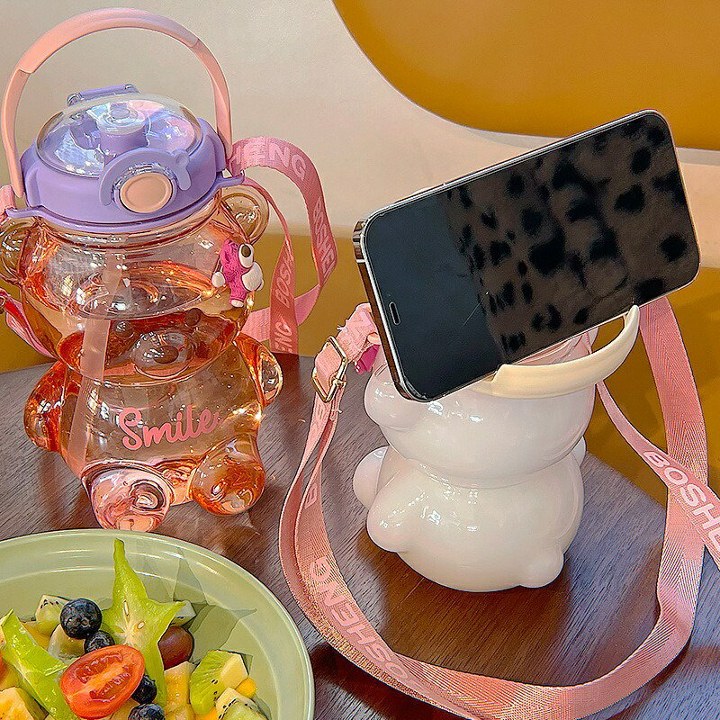 網紅款卡哇伊熊塑膠水瓶帶吸管便攜帶可愛兒童水瓶女孩夏季大容量泡茶杯 可當手機支架塑膠杯子 5