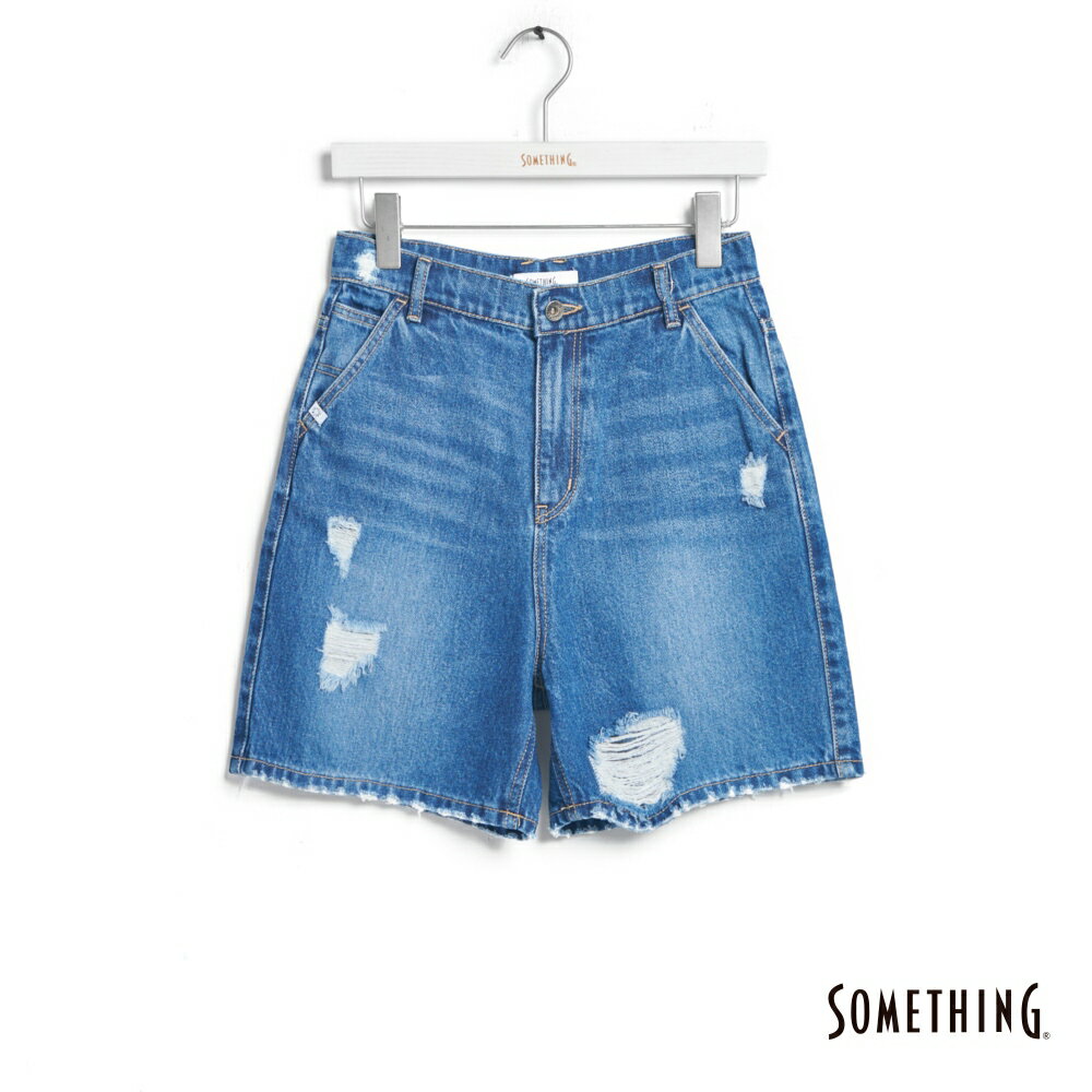 SOMETHING 女款 高腰垮檔丹寧短褲 (石洗藍)