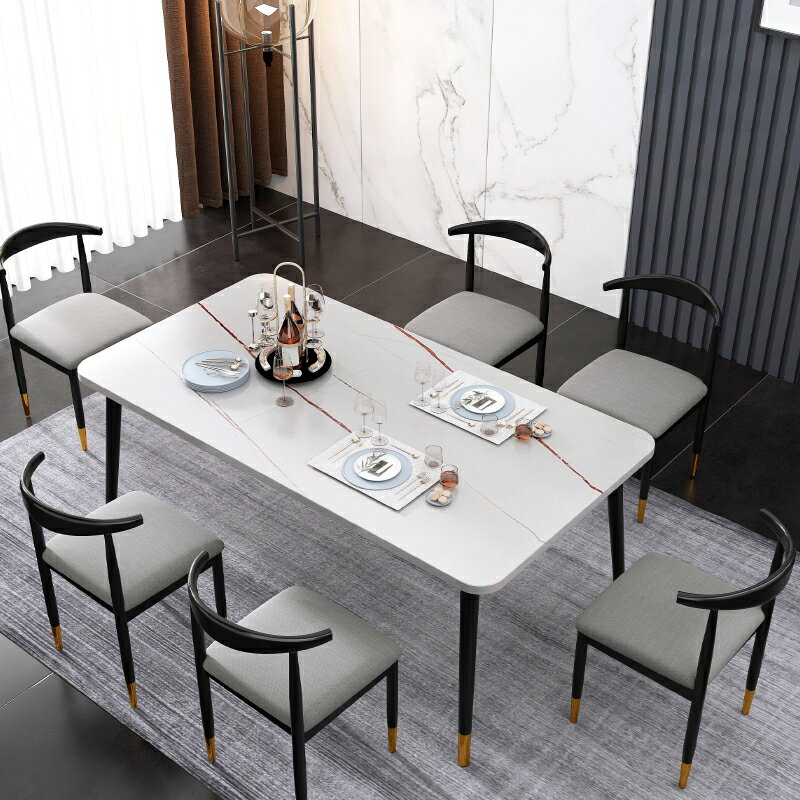 餐桌 ● 餐桌 現代簡約 家用 客廳 小戶型仿巖板吃飯桌子長方形 餐桌 椅組合