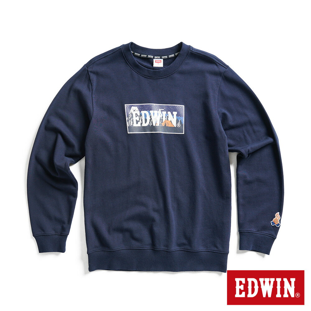 EDWIN 男款 露營系列 富士山營地BOXLOGO厚長袖T恤(丈青色)