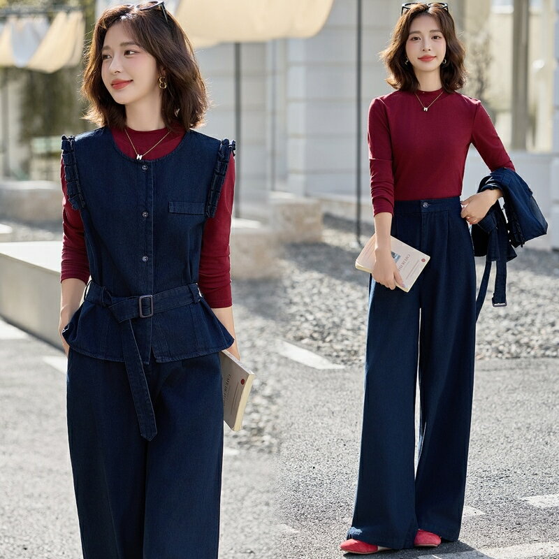 【巴黎精品】現貨+預購 韓風牛仔套裝牛仔外套牛仔褲丹寧夾克女裝-收腰打底馬甲牛仔三件套2色a1ln43