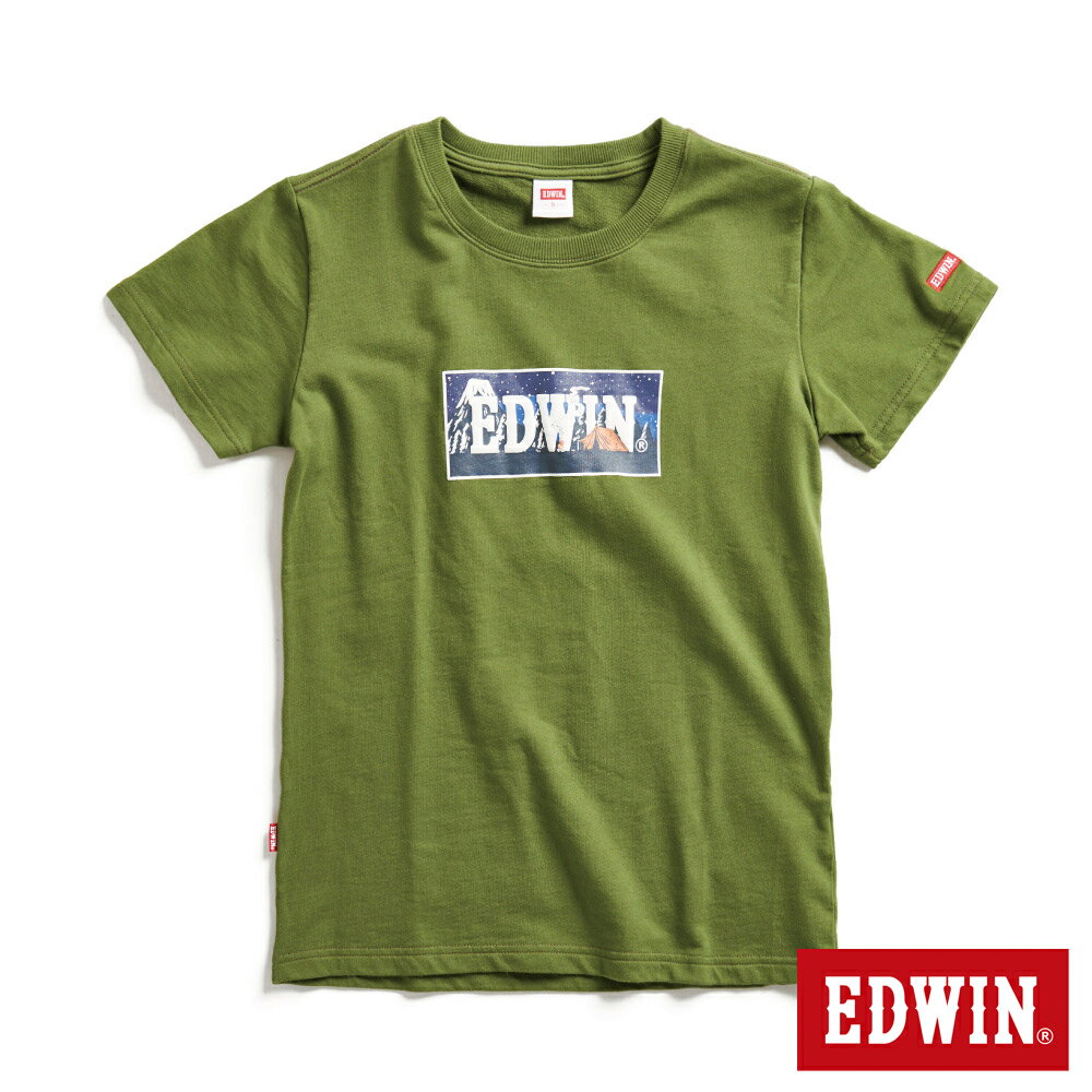 EDWIN 露營系列 富士山腳營地LOGO印花短袖T恤-女款 橄欖綠