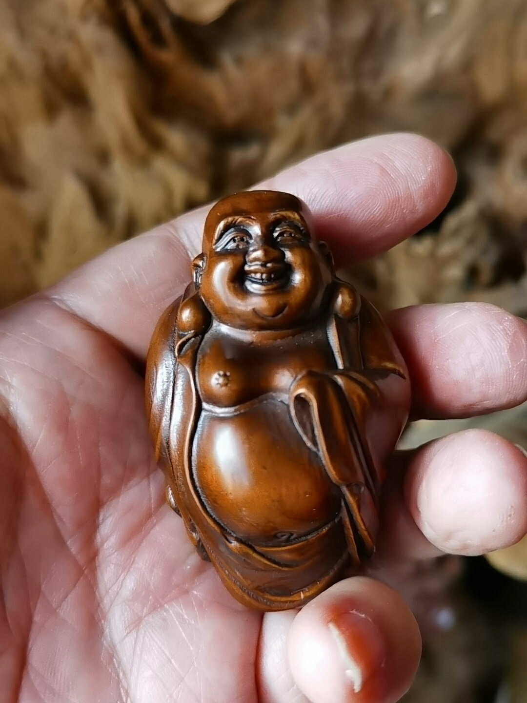 小葉黃楊木雕手把件~彌勒佛，手把件擺飾，高6直徑4釐米，全品