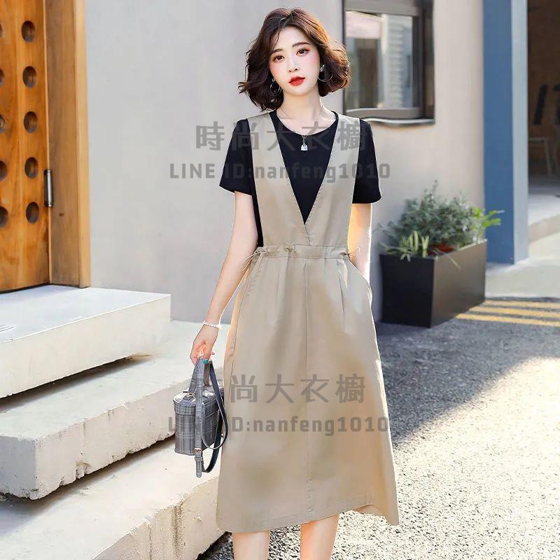 兩件式短袖裙裝套裝短袖t恤背帶裙純棉寬鬆顯瘦中長款過膝大碼連身裙【時尚大衣櫥】 3