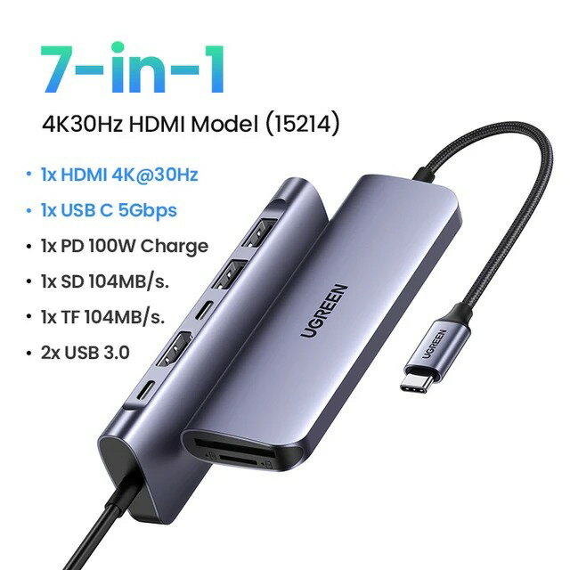 【日本代購】UGREEN USB C 集線器 4K Type C 轉 HDMI RJ45 USB 3.0 PD 100W SD TF 轉接器適用於 MacBook Pro Air iPad Pro M1 PC 配件 USB 集線器