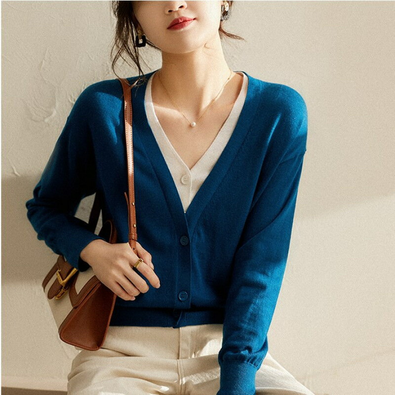 現貨+預購 針織外套防曬罩衫-假兩件撞色V領空調衫女外套3色74kx35【獨家進口】【米蘭精品】