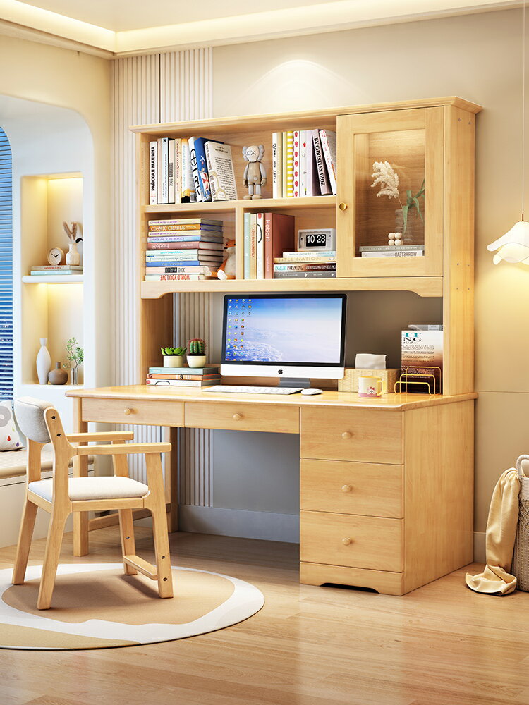 簡易現代實木電腦桌書桌書柜組合式辦公桌家用臥室成人學生寫字桌 1
