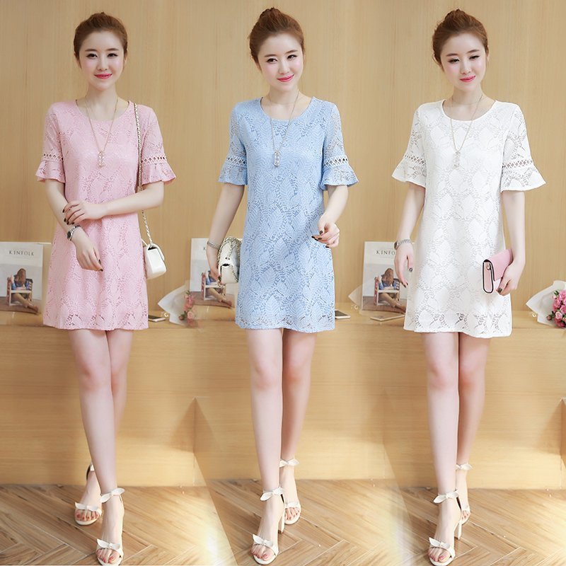 FINDSENSE G5 韓國時尚 夏裝 新款 顯瘦 淑女 鏤空 喇叭袖 蕾絲 連身裙