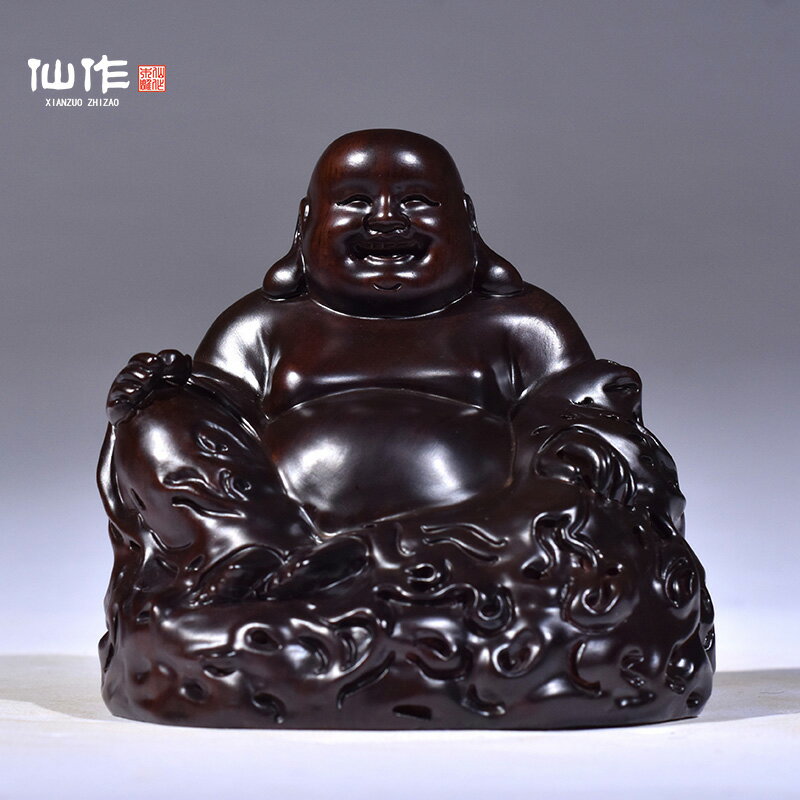 黑檀木雕彌勒佛像擺件坐笑佛實木雕刻招財汽車裝飾品紅木工藝品